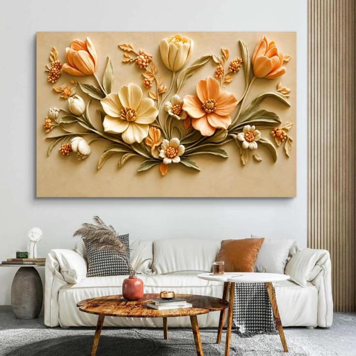 Quadro Decorativo Grande Floral efeito 3D Luxo Moderno Bege e Salmão para Sala Quarto Escritório