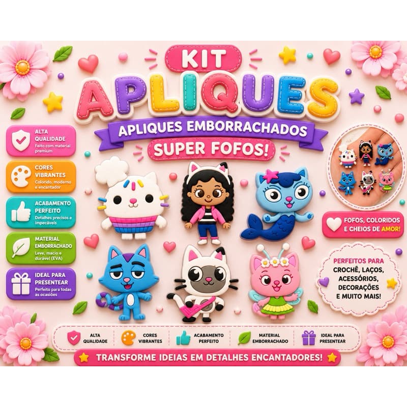 12 Apliques Emborrachado Infantil Casa da Gabby Laços Tiaras Prendedores Artesanato DIY