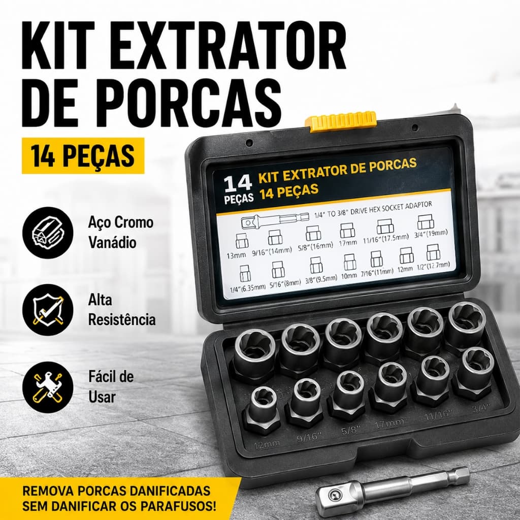 Kit 14 Peças Extrator de Porcas e Parafusos Espanados - Conjunto de Soquetes de Impacto para