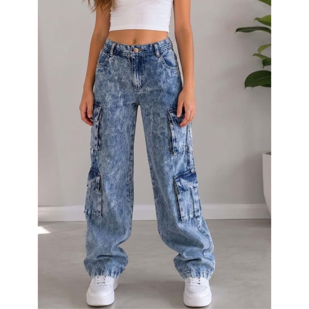 Calça Cargo Jeans 4 bolsos Estilo Streetwear Marmorizada clara
