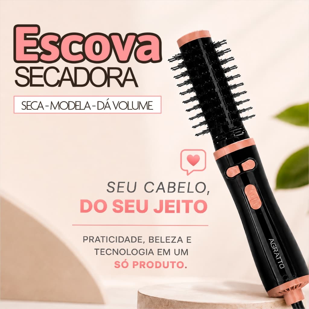 Escova Secadora Rotativa Rosa e Preto Escova Rotatória Escova Agratto 6 em 1 Escova Cabelo Bivolt