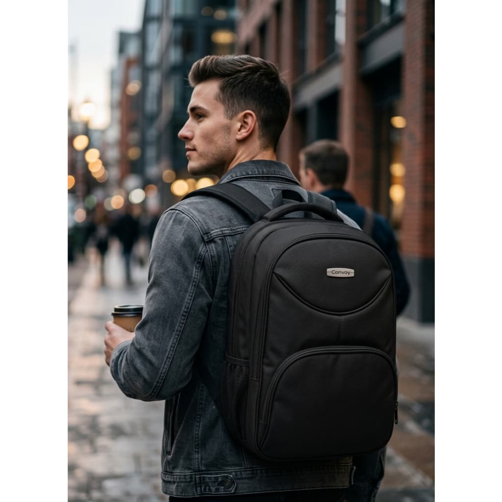 Mochila Convoy Preta Unissex 3 zipers Acolchoamento nas Costas e Alças Espaçosa