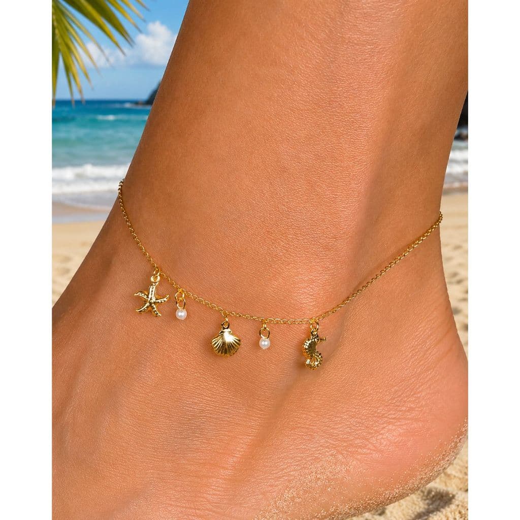 Tornozeleira Dourada Fundo do Mar e Pérolas banhada a OURO 24k