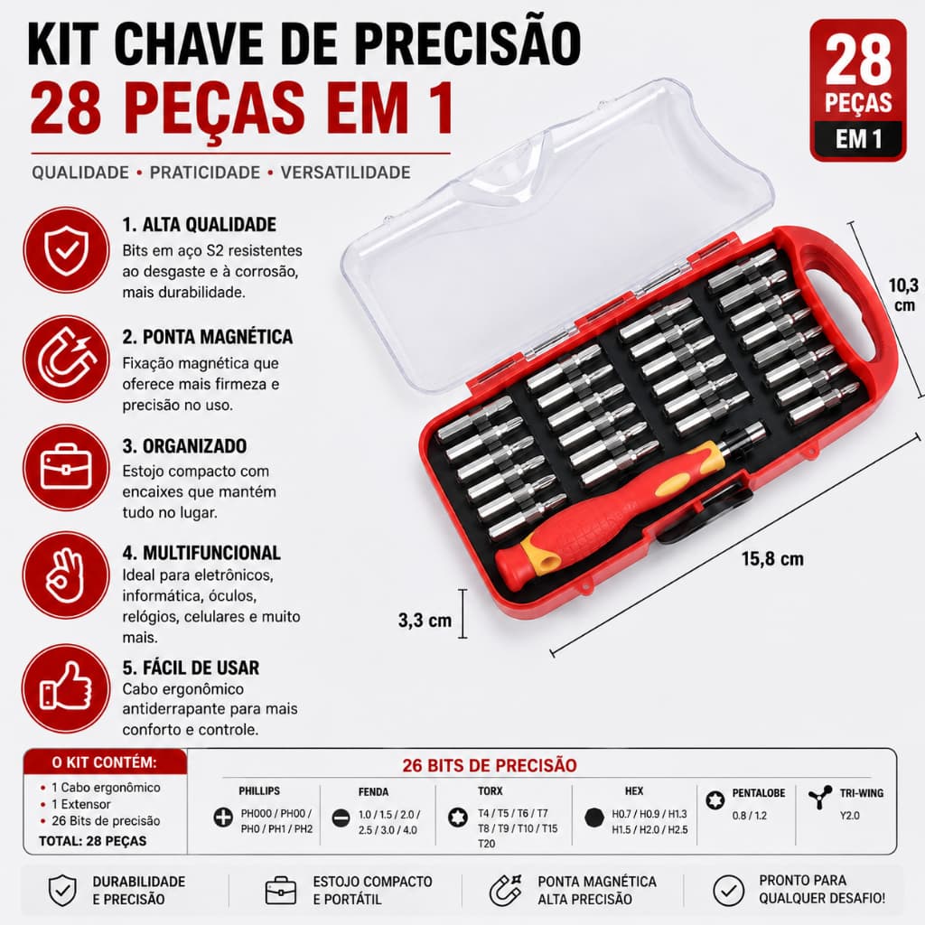 Jogo de Chaves com Ponteiras 28 Peças (com estojo), Jogo de chaces adapitável, jogo de chaves para mecânico