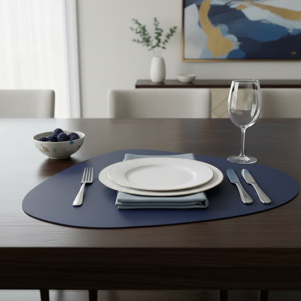 Jogo Americano Sousplat Oval Sintético Costurado Azul Dupla Face Cores Kit Jogo Americano + Porta Copo Para Mesa de Jant