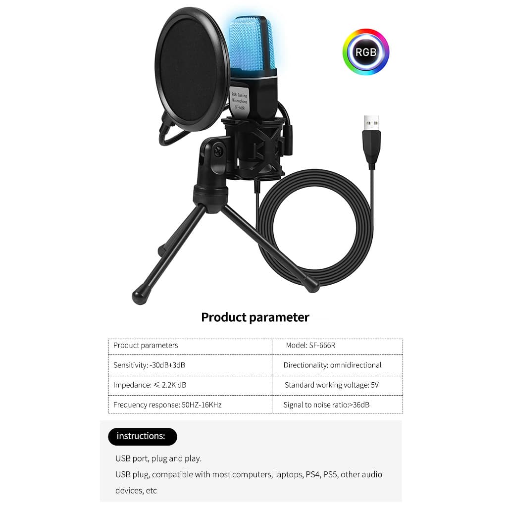 Microfone condensador 100% original profissional estilo PODCAST USB RGB Condensador Estúdio