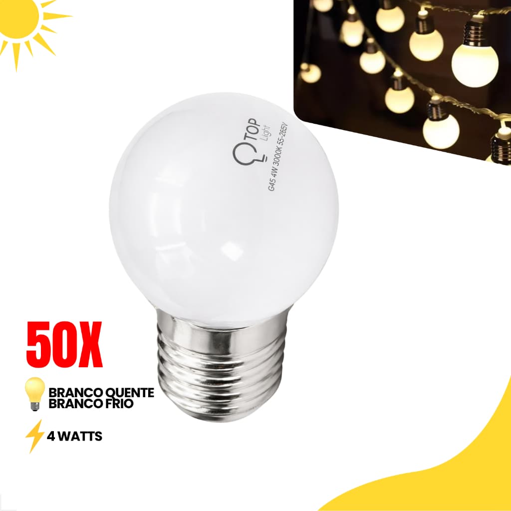 Kit 50 Lâmpada Led 4w Bolinha Bulbo G45 E27 Branco Quente 3000K Frio 6500K Bivolt Espelho
