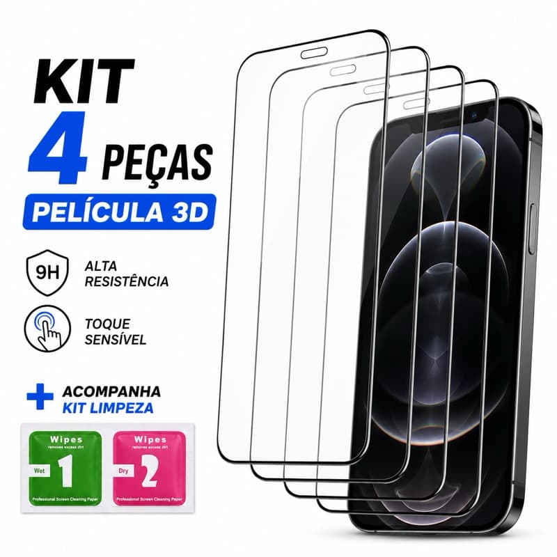 Kit 4 Películas 3D Premium Vidro Temperado 9H HD Proteção Total iPhone XR 11 12 13 14 15 16 17