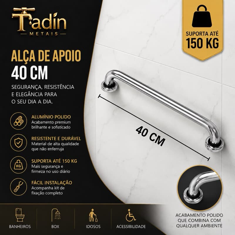 Alça de Apoio 40cm Alumínio Polido Cromado Banheiro Suporta 150kg