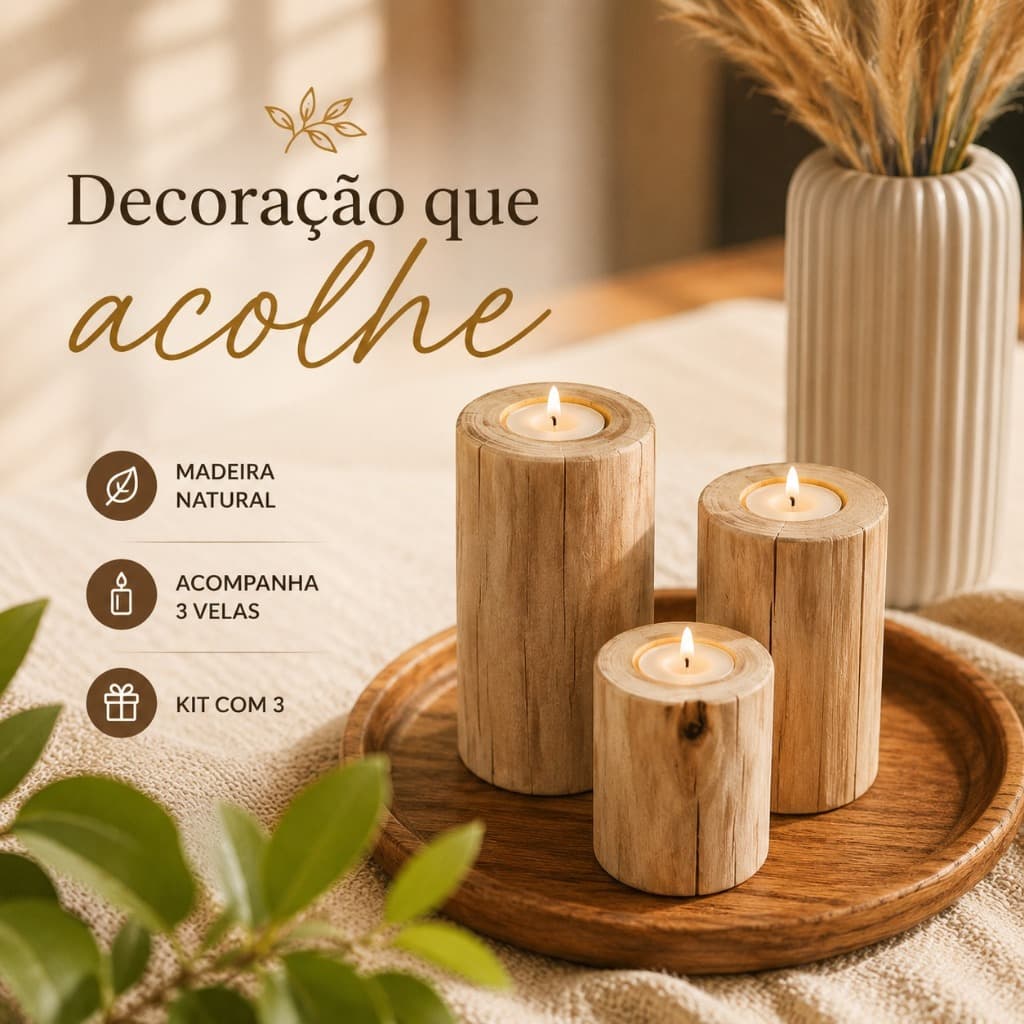 Kit 3 Velas Decorativa De Madeira Castiçal Rústico Artesanal Para Mesa Sala Boho - Casa 67