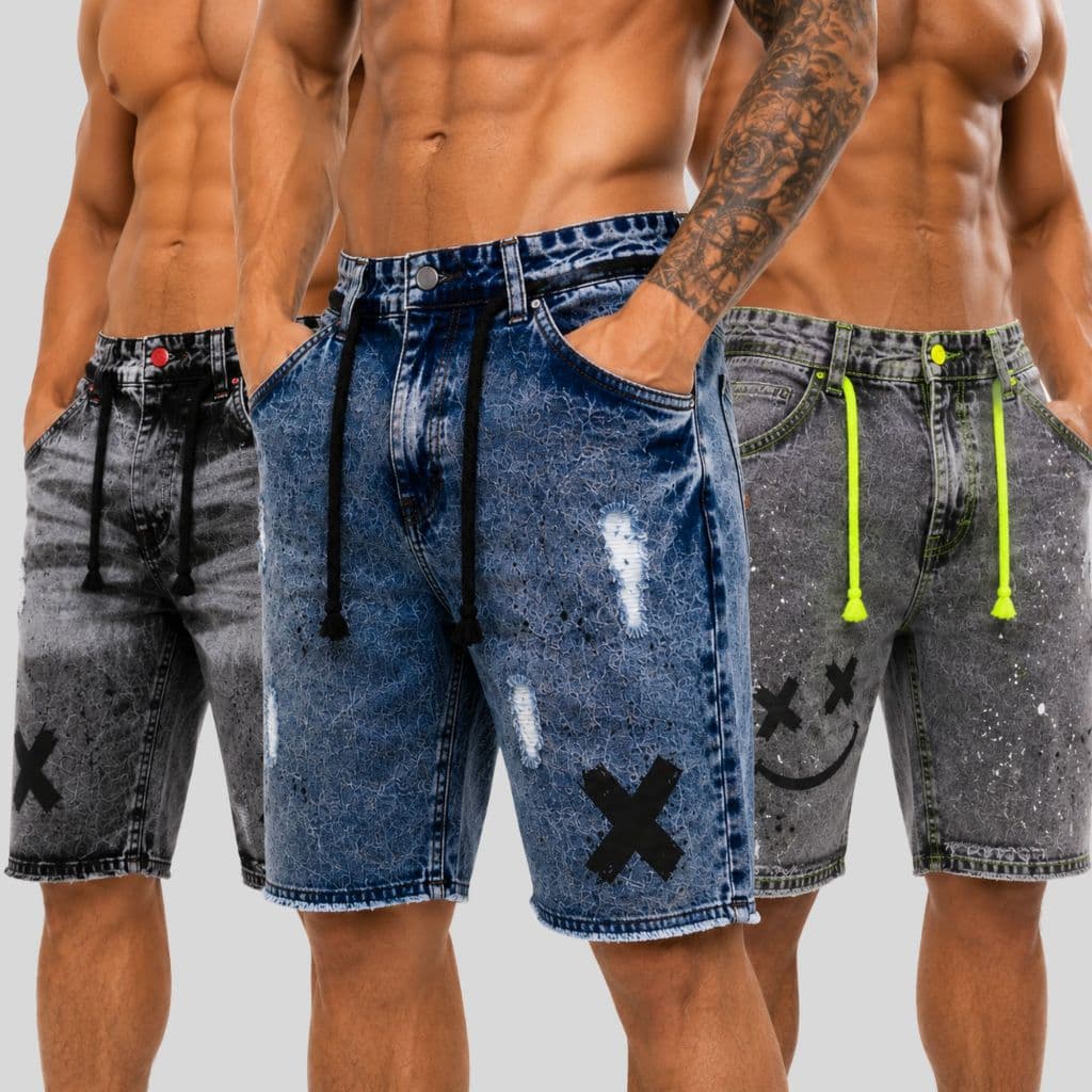 Short Jeans Jogador Estampado Cordão Externo Bermuda Jeans Destroyed Premium Píntada Masculina