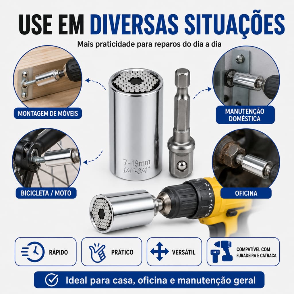 Soquete Universal 7-19mm com Adaptador para Furadeira Chave Catraca Parafuso Porca Multiuso