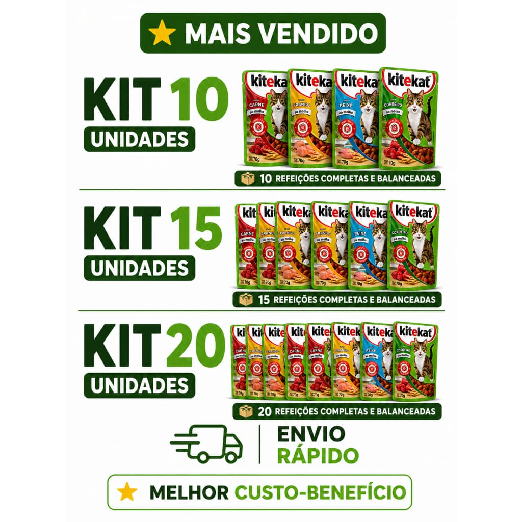 Kitekat Sachê 70g para Gatos | Kit 10, 15 ou 20 Un | Ração Úmida Completa | Alta Aceitação | Sabores Sortidos para Gato