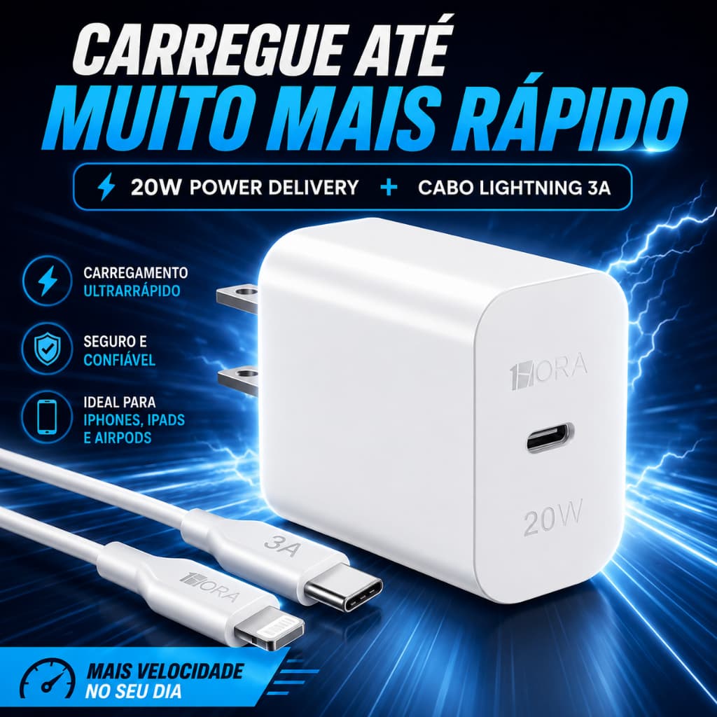 Carregador Rápido 20W com Cabo USB-C PD 3A para Lightning - Plug Americano