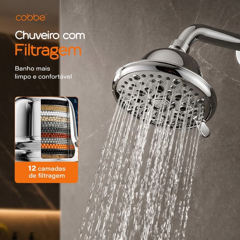 Chuveiro com Filtro 7 Funções Redondo Cromado Para Banheiro Multi Jatos ABS Gourmet Heemli