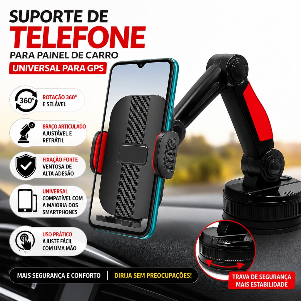 Suporte Veicular de Celular com Ventosa Super Forte e Braço Ajustável