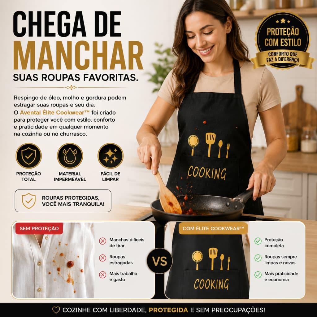 Avental de Cozinha Premium Feminino Élite Cookwear™ Anti Gordura, feito em PVC Ajustável para Cozinha e Churrascos