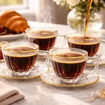 Jogo 4 Xícaras Para Café C/ Pires De Vidro Com Borda Dourada Cristalle 90ml Hauskraft