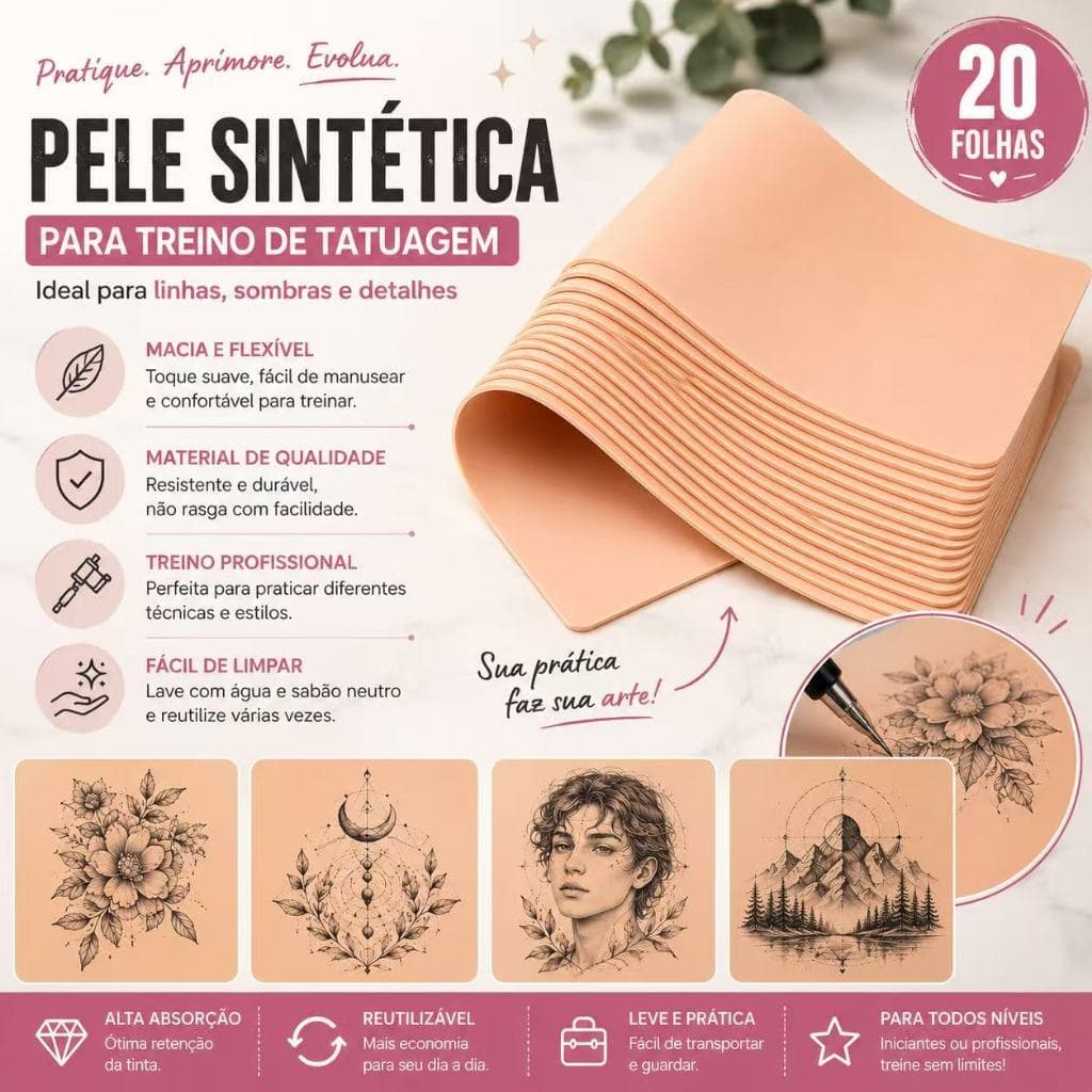 🎨 Folhas de Pele Artificial para Prática de Tatuagem Material Flexível Cor Pele Ideal para Treino de Linhas e Sombras