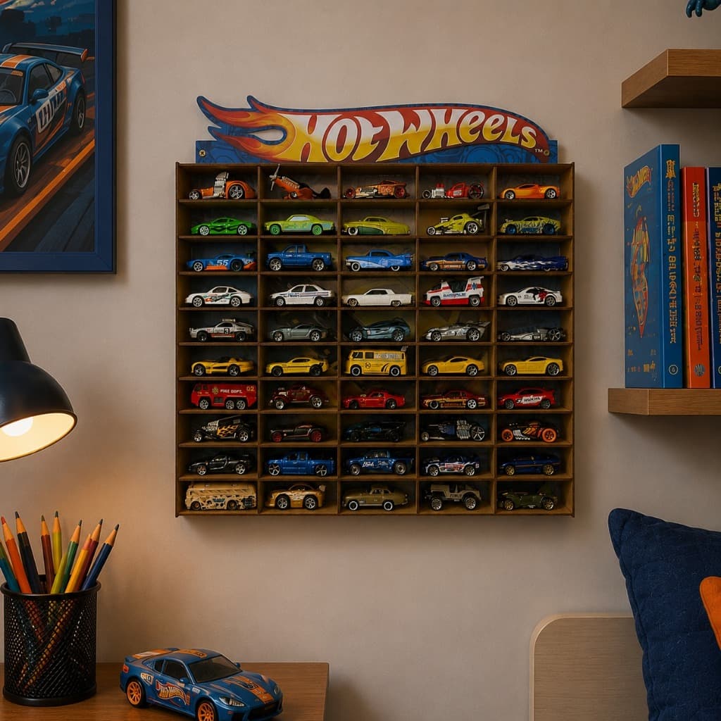 Estante Prateleira Expositor Suporte 50 Nichos Carrinhos Hotwheels Organizador Coleção Adesivado Mdf