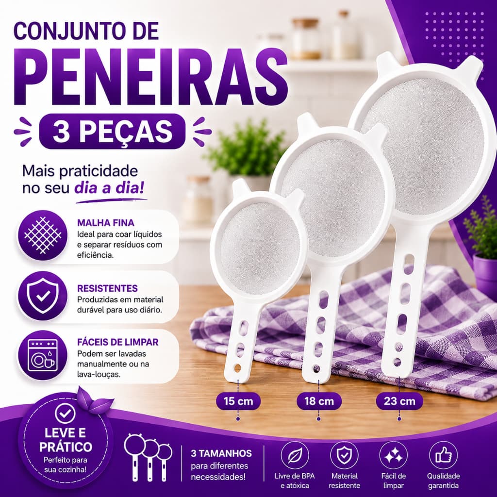 Kit 3 Peneiras PMG Branca 7/9/11 cm | Peneira Plástica Multiuso para Cozinha