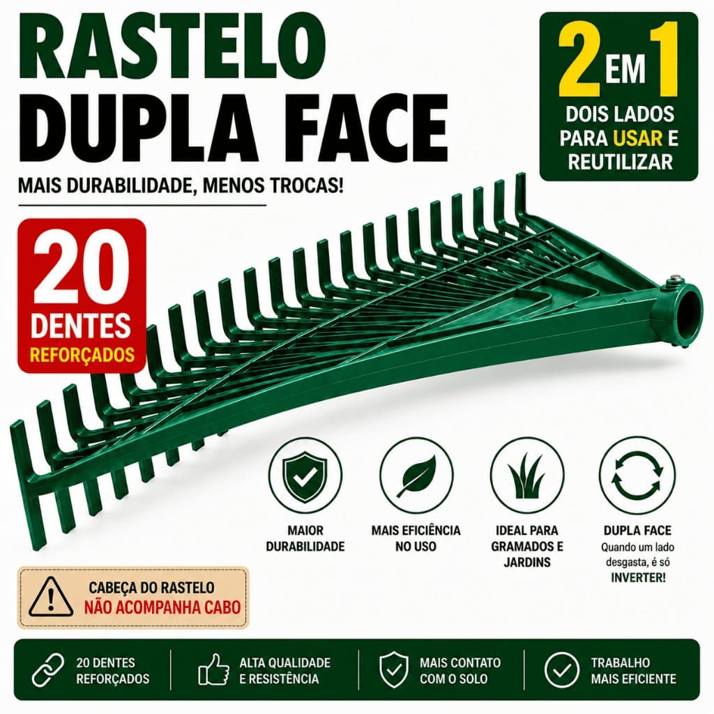 Rastelo Dupla Face Ideal  Folhas Grama Cortada Galhos Leves Uso Domestico e Jardinagem Sem Cabo