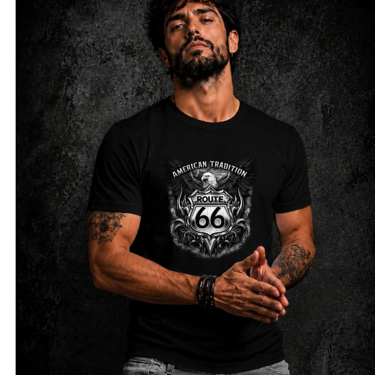 Camiseta Masculina Route 66 Estampada Águia American Tradition Casual Algodão Manga Curta Estado Unidos Rota 66