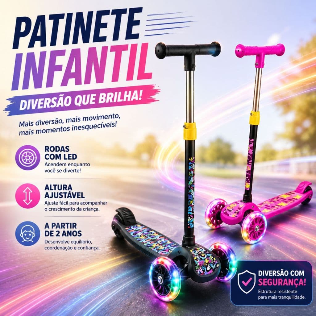 Patinete Intantil 3 Rodas Led Ajustável Dobrável