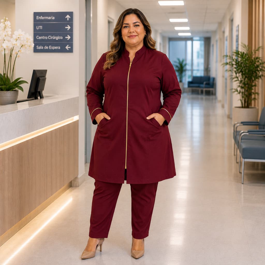 Jaleco Feminino Plus Size Gabardine com Elastano Acinturado Gola Padre Zíper Cor Vinho