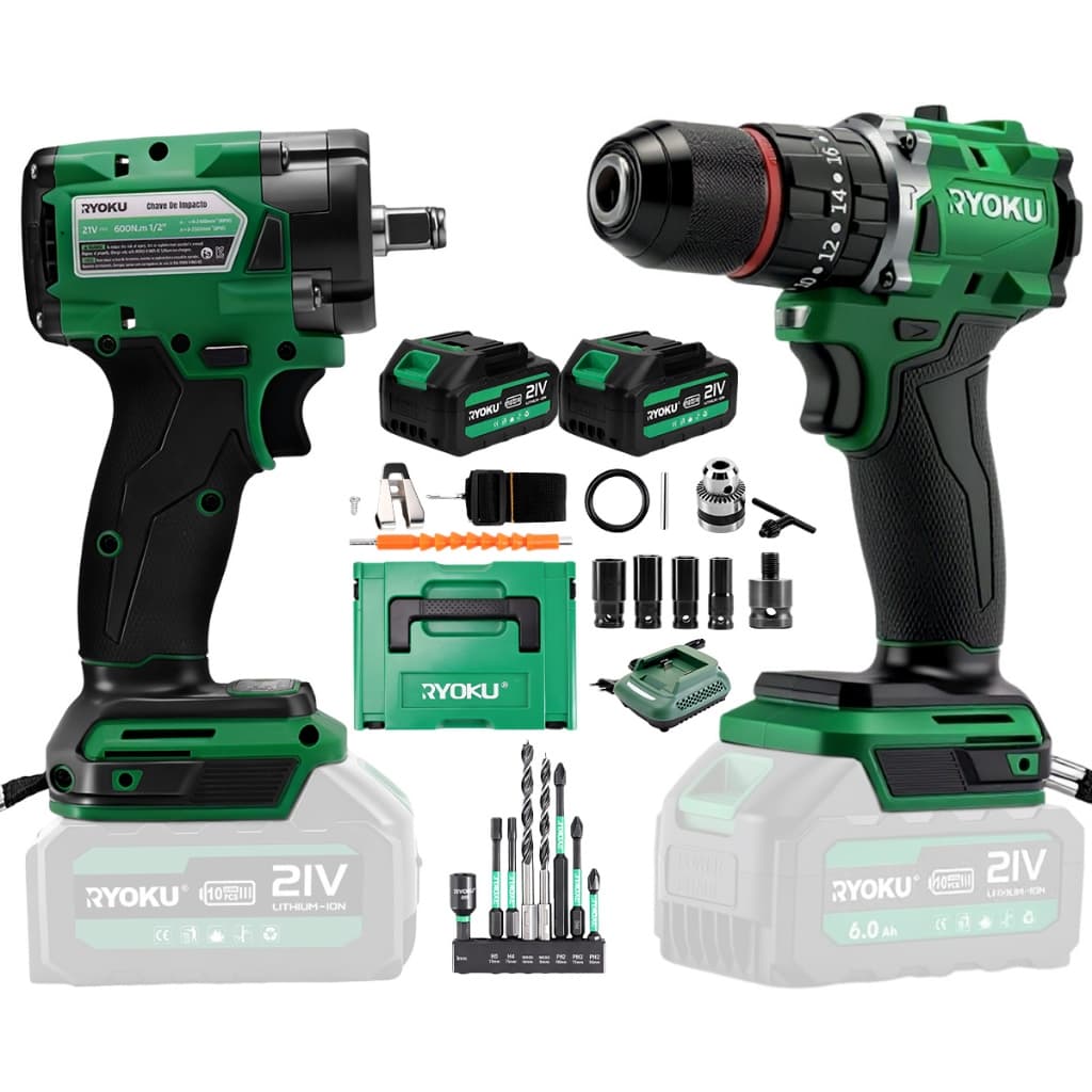 Kit Parafusadeira Furadeira+chave De Impacto Brushless Ryoku Com Maleta