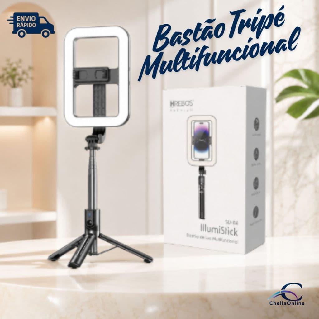 Bastão Tripé com luz quente e fria Multifuncional Articulavel  Hrebos