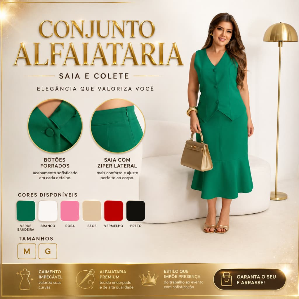 Conjunto Feminino Social Alfaiataria Saia Midi com Colete Elegante M/G Look Executivo