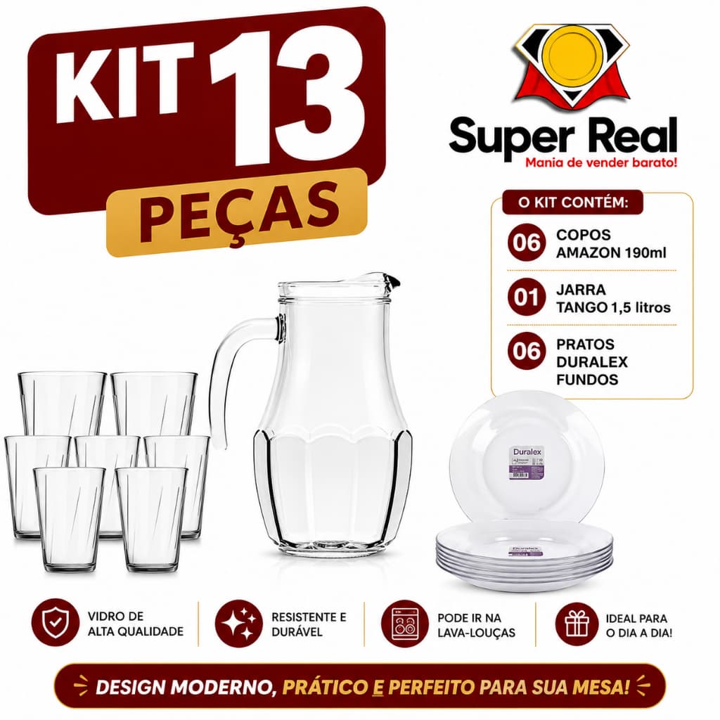 Conjunto 13 Pçs c/ Jogo 6 Copos Amazon 190ML + 6 Pratos Fundos Astral + 1 Jarra Bar Vidro Tango 1,5L