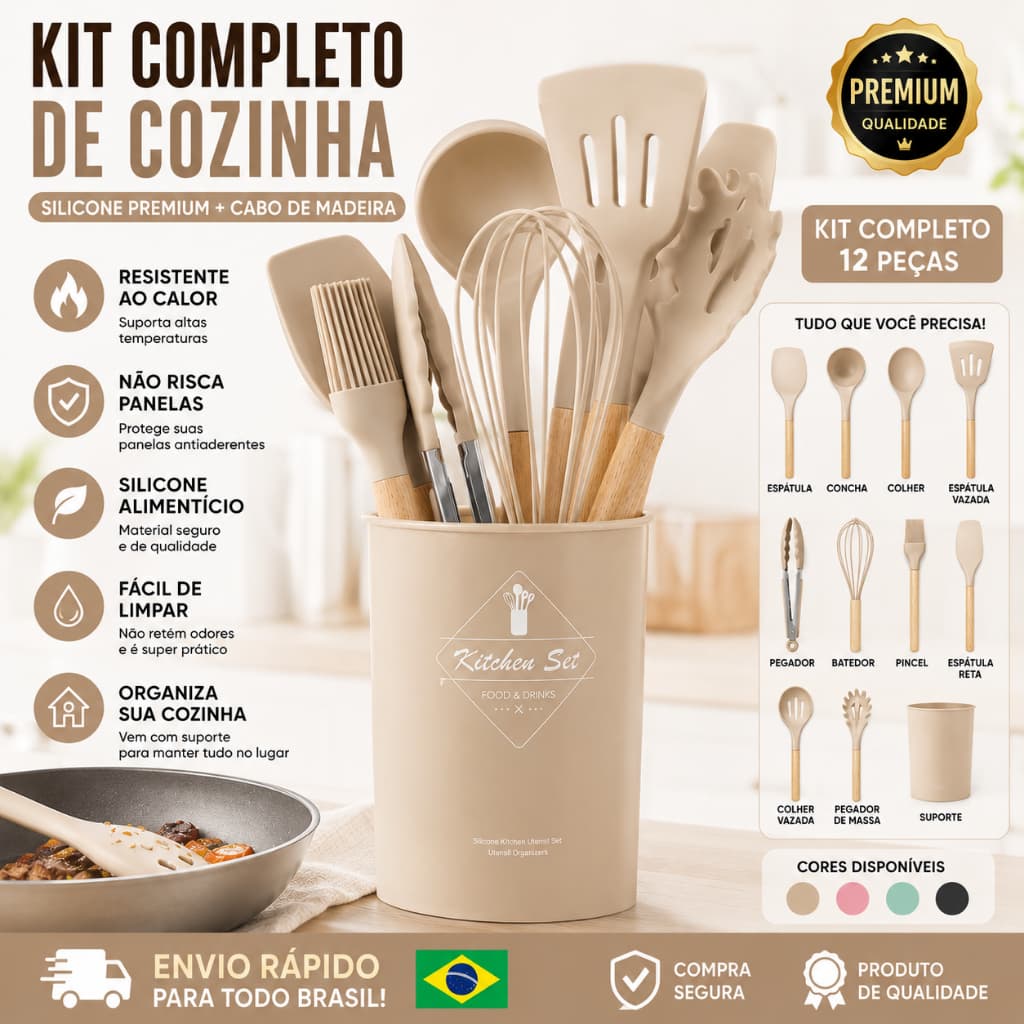 KIT de Utensílios Para Cozinha em Silicone e Bambu 12 Peças