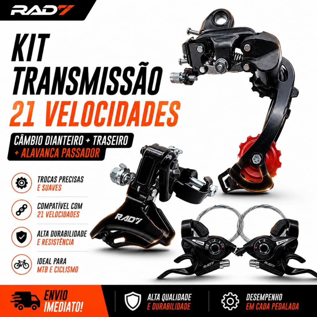 Kit Transmissão 21 Velocidades Rad7 Cambio Dianteiro Traseiro Com Alavanca Passador De Marchas