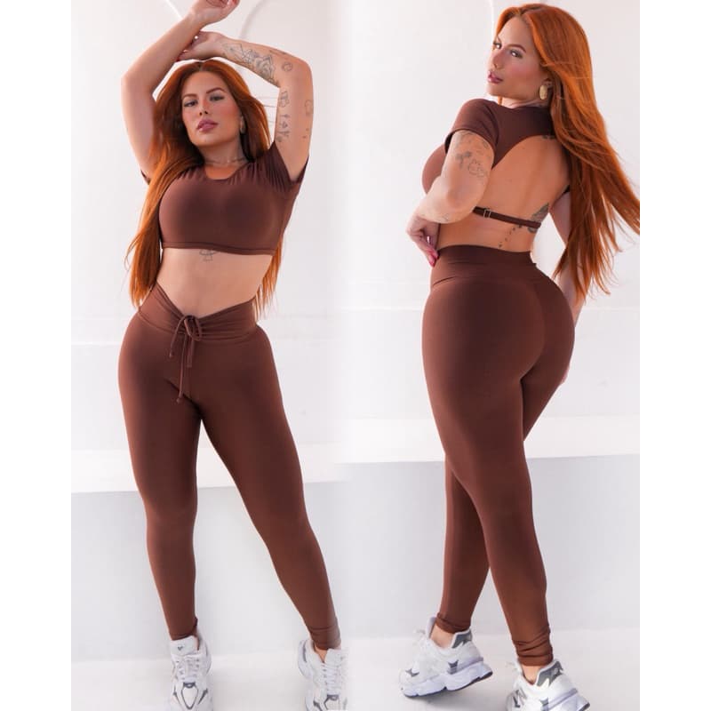 Conjunto Top com Manguinhas e Calça com Cordinha Gringa Costa Nua Moda fitness academia tiktok
