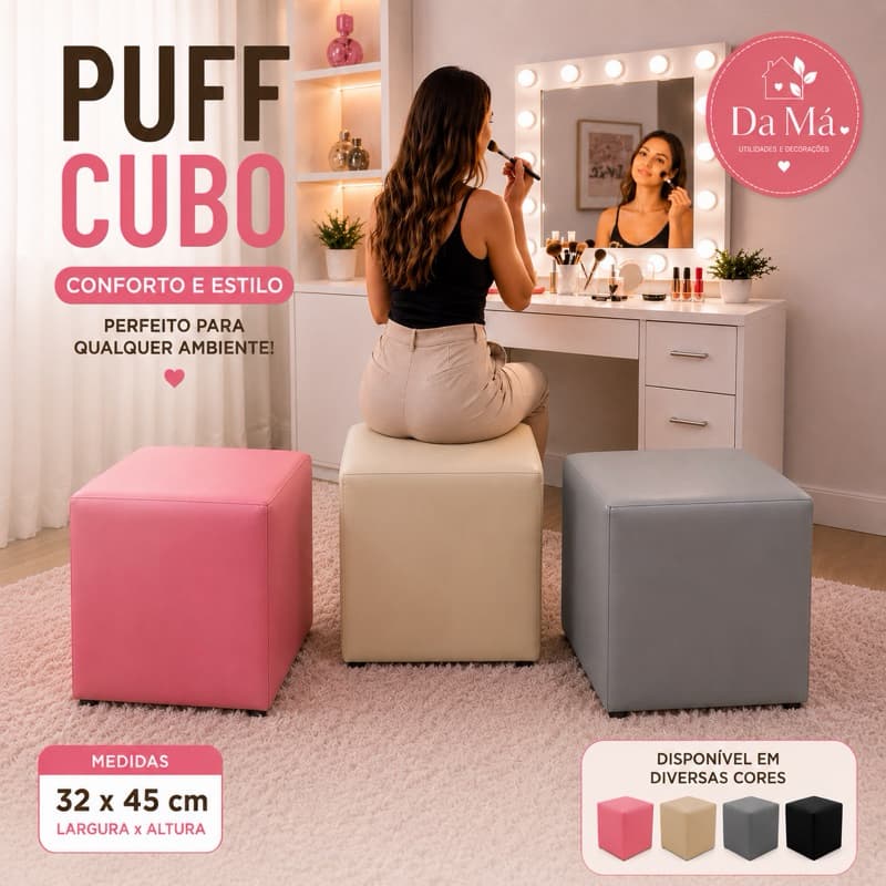 Puff Quadrado Corino Para Penteadeira Sala Espera Consultorio Escola Salão Decorativo Quarto
