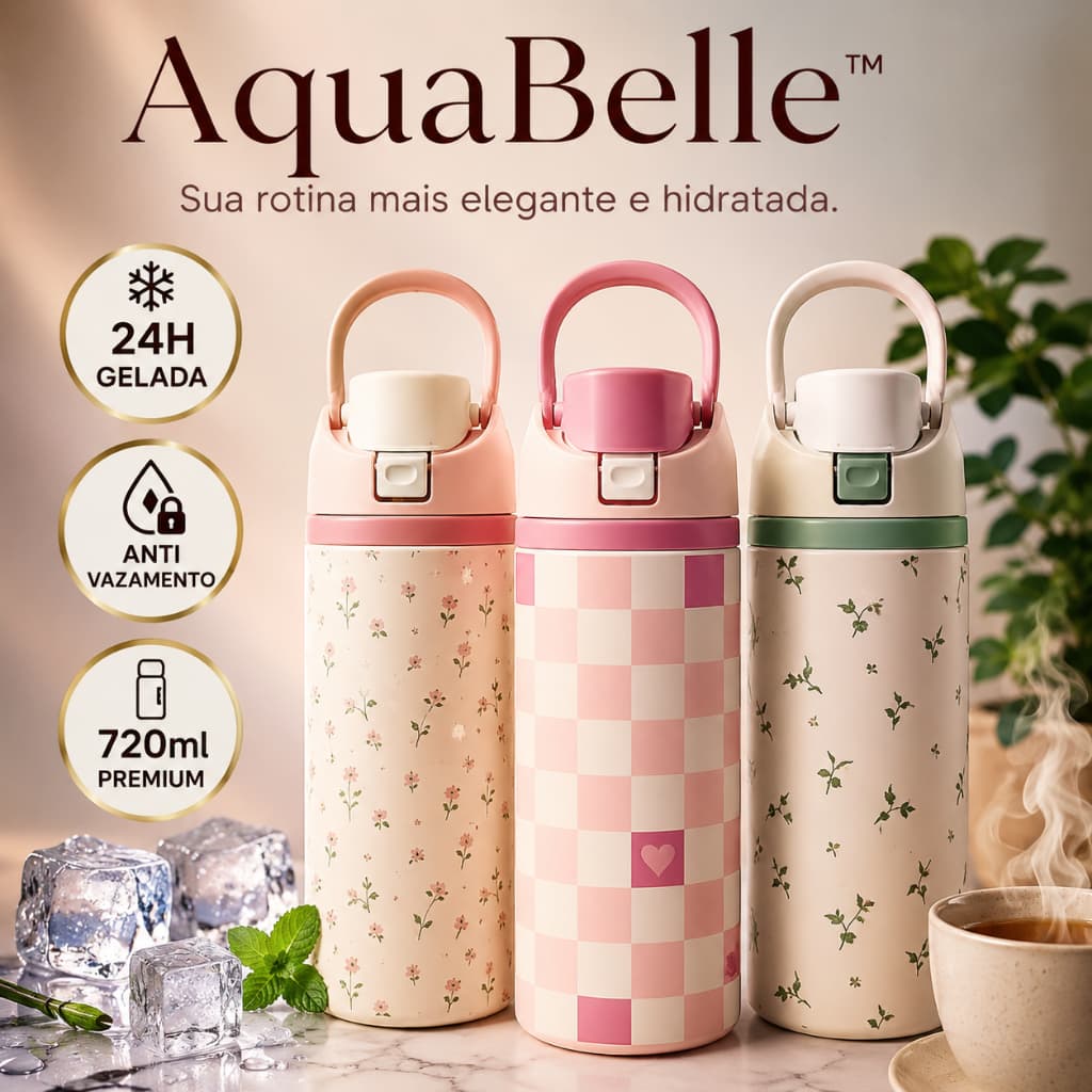 Garrafa Térmica AquaBelle 720ml Inox Com Alça Portátil Anti Vazamento Mantém Quente e Gelado por 24h