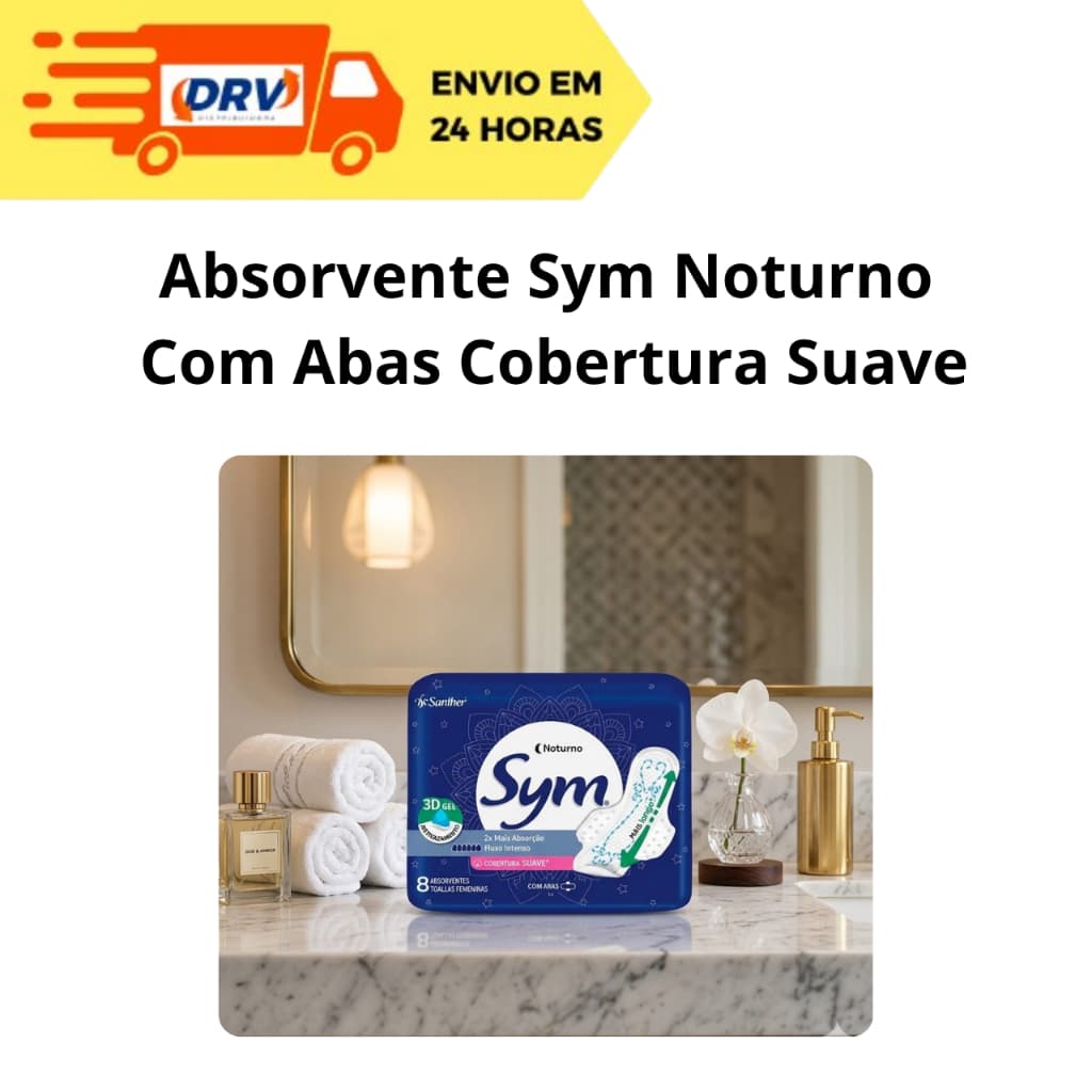 Absorvente  Sym Noturno com 08 Unidades - Absorvente Sym Noturno - Absorvente Cobertura Suave