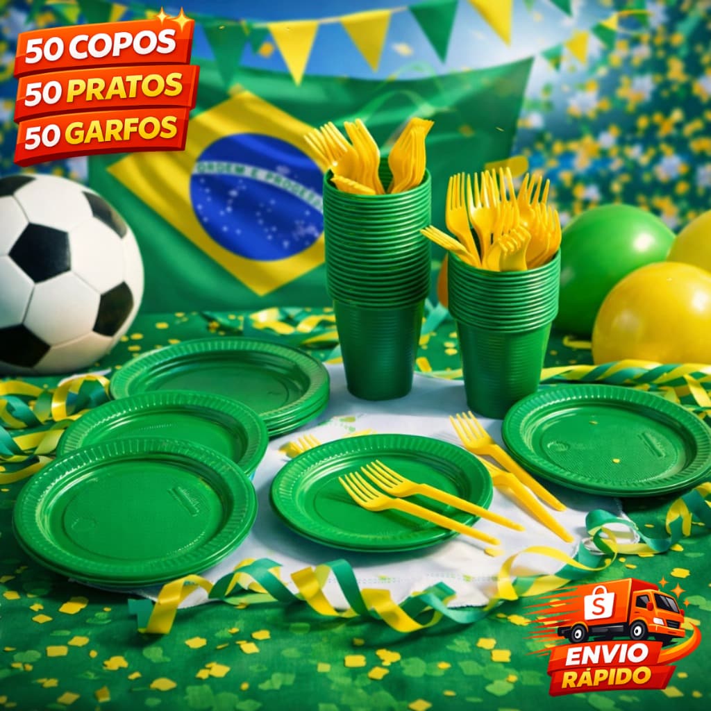Kit Descartável 150 Itens para até 50 Pessoas Copa do Mundo Pratos Copos Garfos Aniversário Wolrd Cup