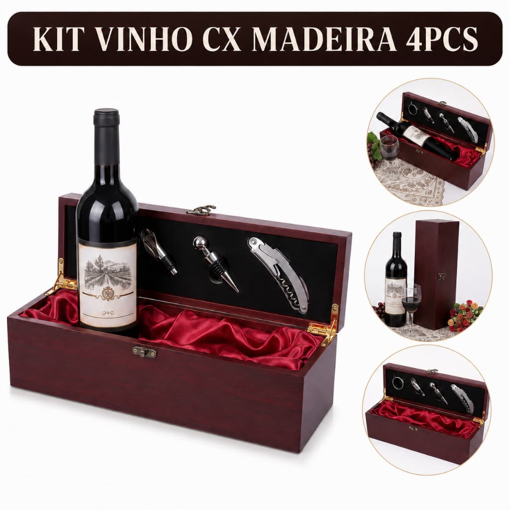 Kit Vinho Madeira 4 Peças Luxo 4 Acessórios Premium Presente Gourmet Maleta Sommelier Dosador
