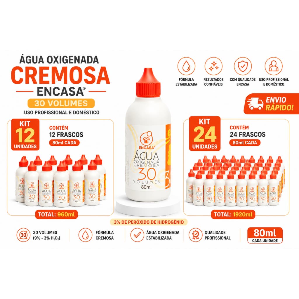 Água Oxigenada Cremosa de 30 Volumes 80ml Coloração Fixação Uniforme Kit até 24 Unidades Encasa