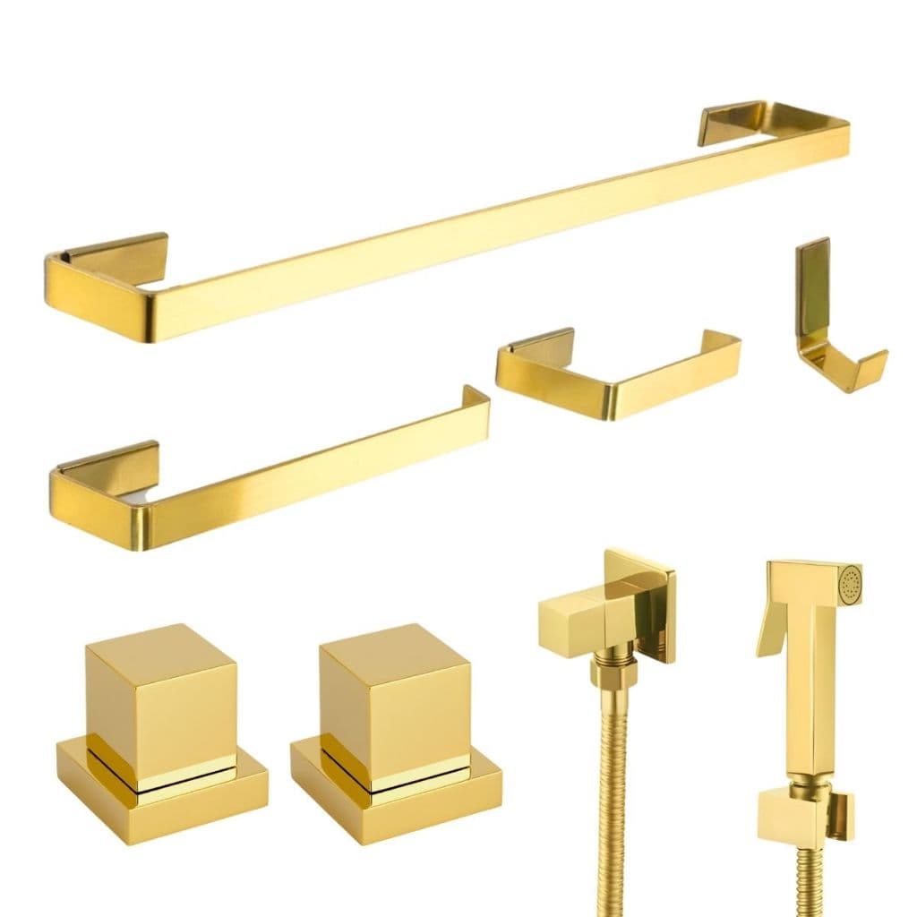 Kit de Acessórios Banheiro Quadrado Dourado Brilhante + 1 Ducha Higiênica + 2 Acabamento Padrão Deca