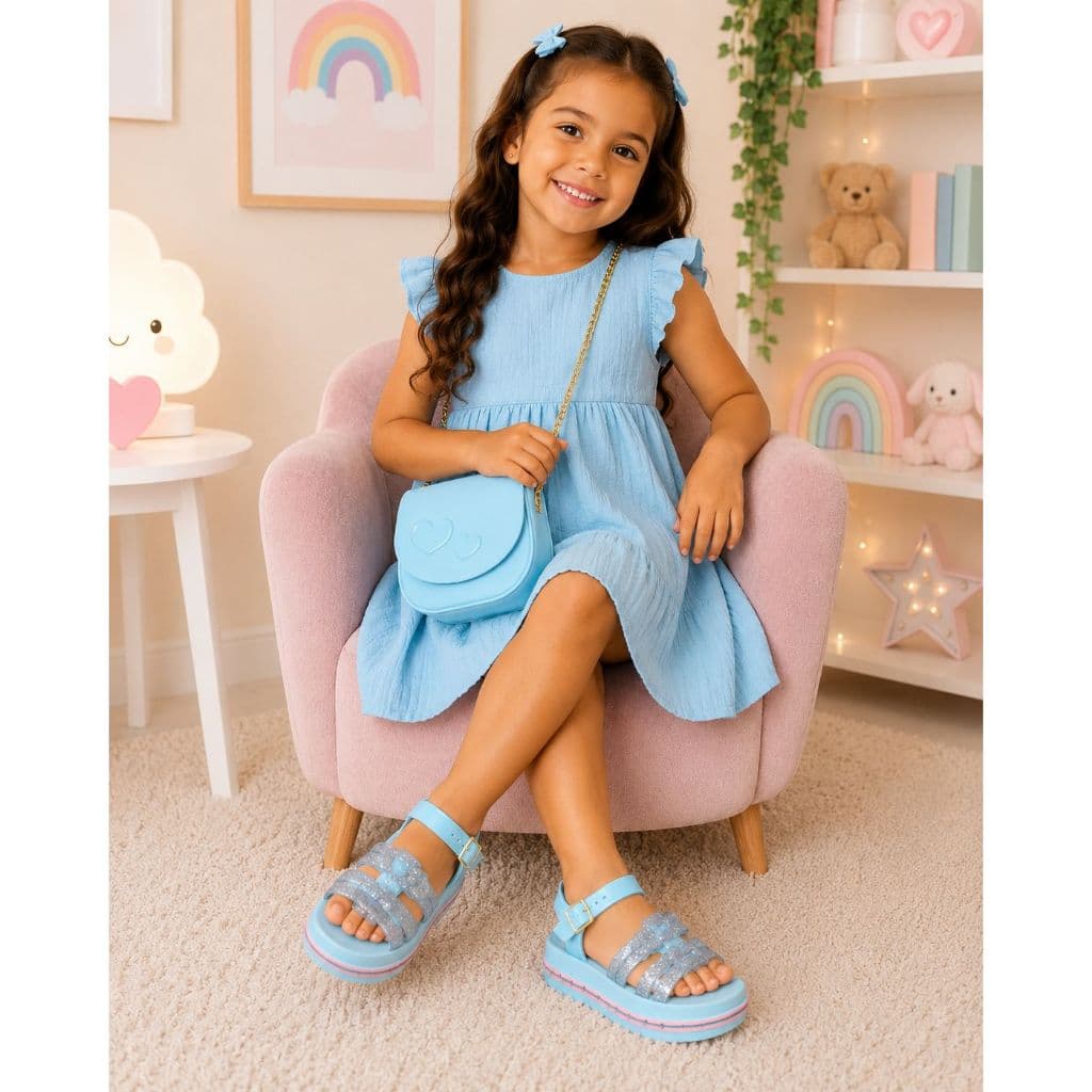 Kit Infantil Bolsa Alça Corrente Coração + Sandália Glitter Menina Festa Casual