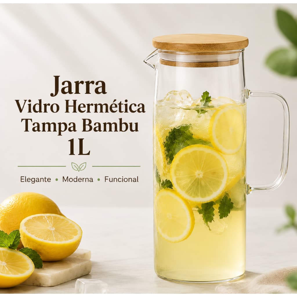 Jarra De Vidro 1L Com Tampa De Bambu Hermética Suco Água Kit 2 Ou Unidade