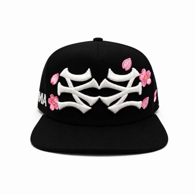 Boné Snapback Preto Bordado Floral Sakura Aba Reta Ajustável Unissex Streetwear Premium