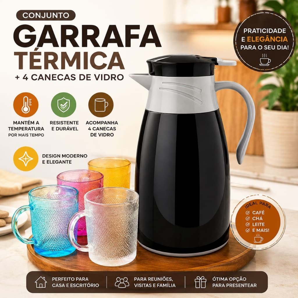 Garrafa Térmica  Kit Café  Bule GarraTérmico  Jogo de 4 Canecas de vidro Garrafa para Café  Conjunto Térmico  Mesa