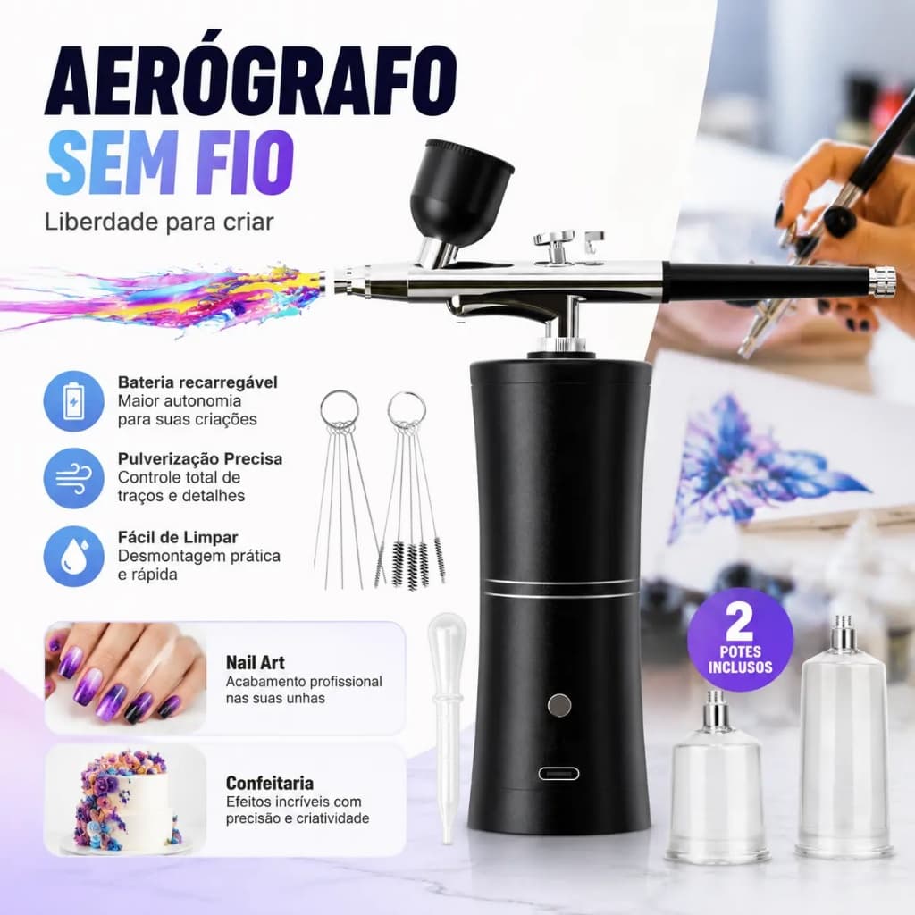 aerógrafo portátil de compressão de esmalte nano sem fio, mini aerógrafo para decoração de unhas de bolo, conjunto de ae