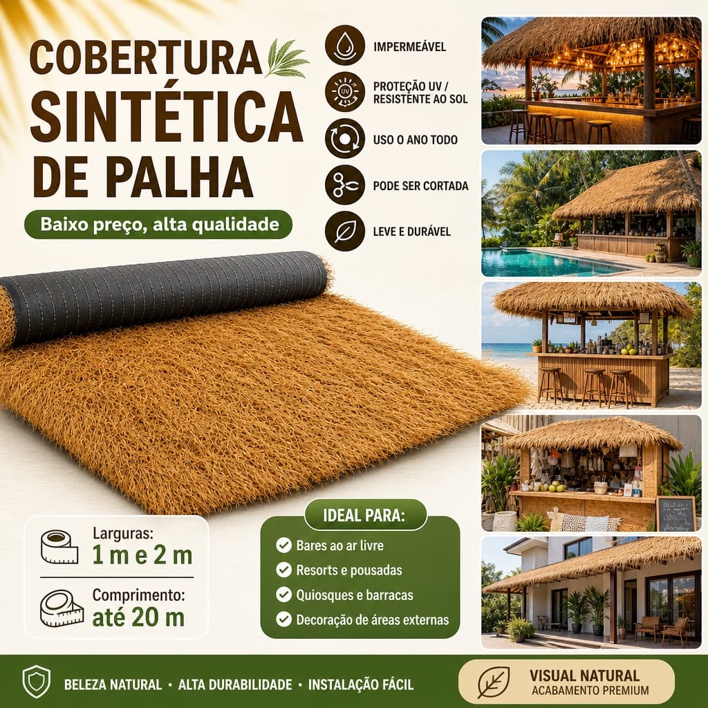 Telhado simulado em palha, de 1m x 1 a 4m acabamento decorativo em PVC proteção solar relva natural retardante de chama