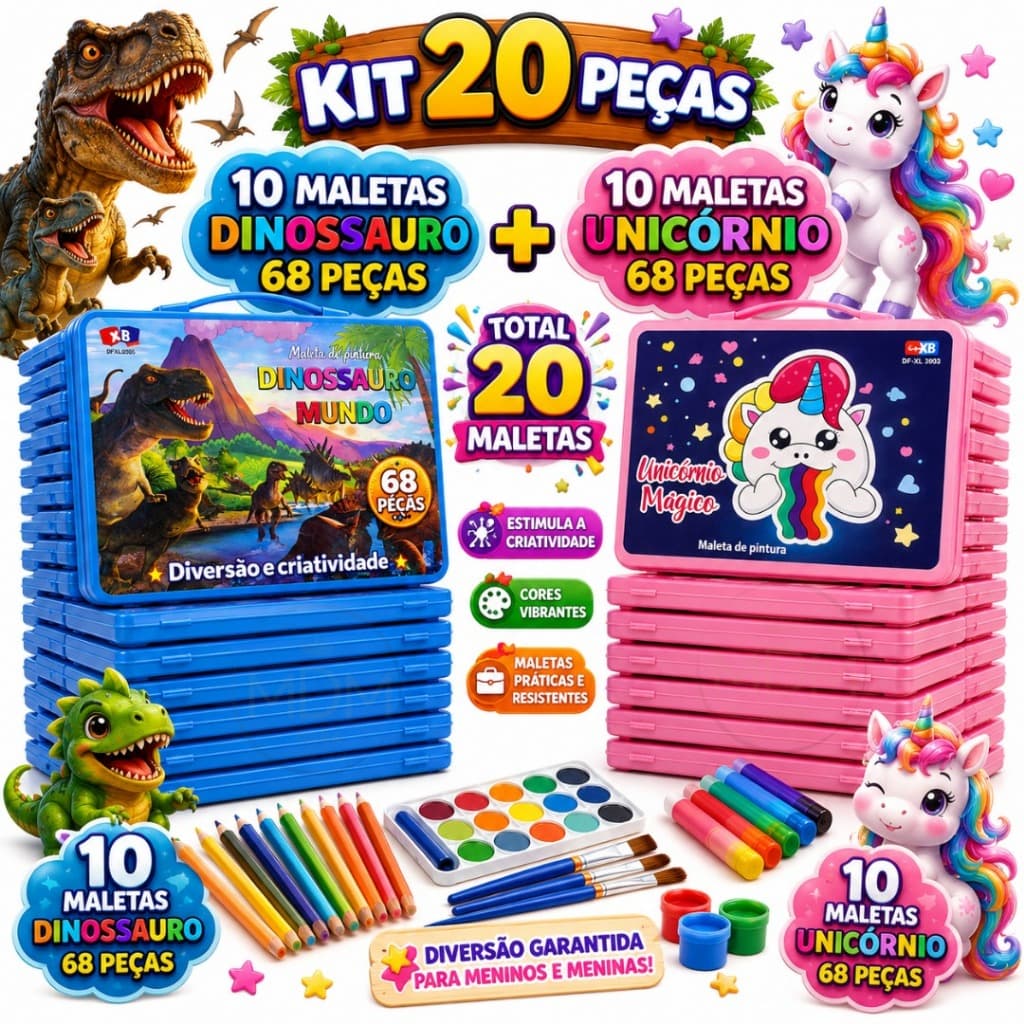 Kit com 10 ou 20 Maletas de Pintura 68 Peças Estojo Infantil Escolar Menino e Menina